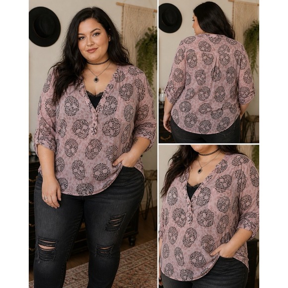 Sz Blockprints Tops - Torrid Blouse Sz 1 Pink Leopard Sugar Skull Print Sheer Button Front Pastel Goth